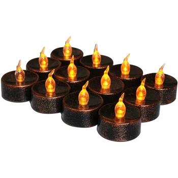 

12 PCS Copper Black LED Tealights Yellow Flickering Battery Operated Flameless Candles Lights Flickering Amber for Festival Hall