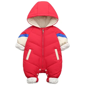 

Warm Infant Baby Romper 90% White Duck Down Rompers Hooded Inside Fleece Boy Girl Winter Autumn Overalls Baby Outerwear