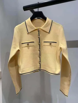 

2020 Summer Sweet Elegant Xiaojin Buckle Short Money Goose Yellow Knitting Cardigan Female 21001
