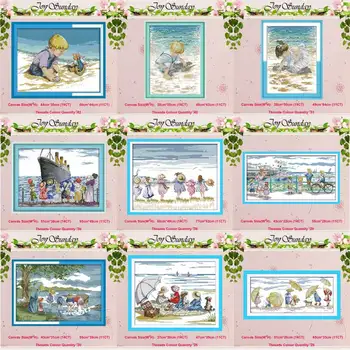 

Boy Girl Play on the beach patterns counted 11CT 14CT Cross Stitch Sets DIY Cross-stitch Kits Embroidery Needlework Home Decor