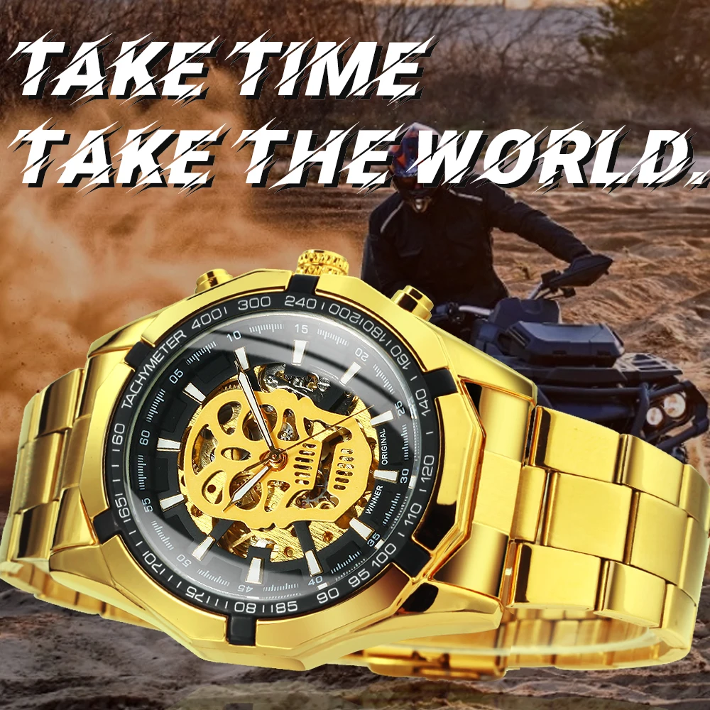 WINNER-reloj dorado automático oficial para hombre, pulsera mecánica con correa a la moda, Calavera, de lujo, venta al por mayor - Imagen 2