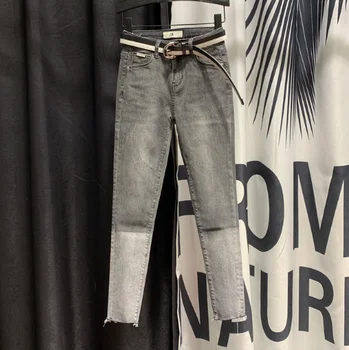 

2020 Spring Autumn New Grey Black Pencil Pants Woman Denim Pants Color Panel High-Waist Denim Jeans Girls Ladies Jean Femininas