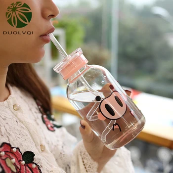 

Brief Glass Drinking Bottles Cute Cartoon Pig Water Bottle Milk Juice Bottle Coffee Tea Double-Covered Cup With Straw 450ml