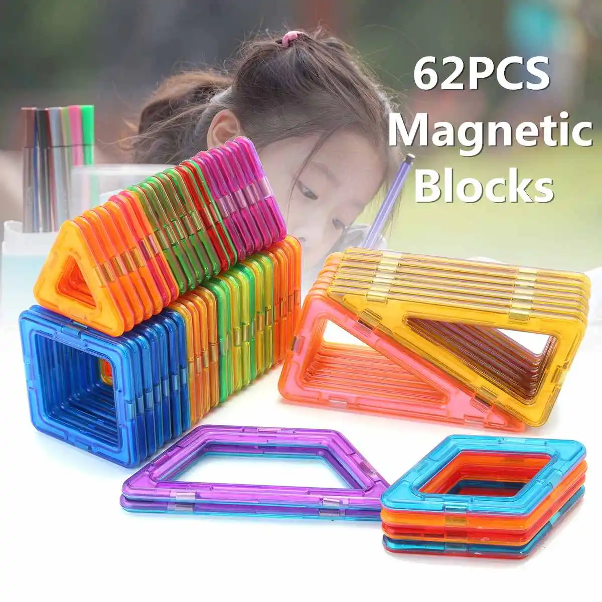 

Hot 62PCS Magnetic Block 3D Puzzles Building Construction Pieces Set Children Kids DIY Models Toys Set Educational Toys Gifts