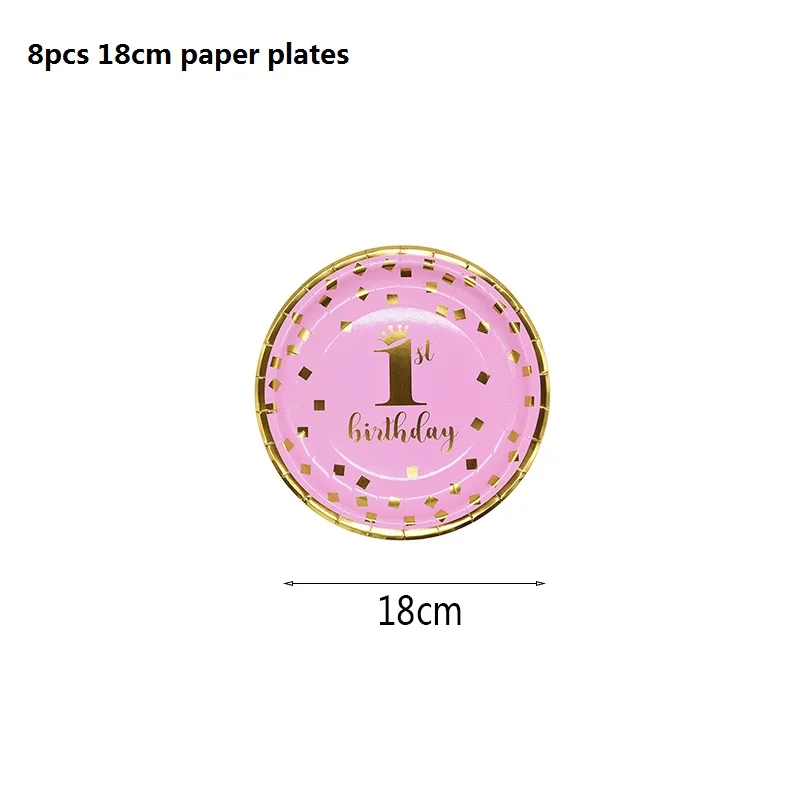 Принадлежности для 1-го дня рождения одноразовая посуда бумажная тарелка чашка соломинки с днем рождения баннер 1 год детские украшения для вечеринки - Цвет: 18cm plates pink