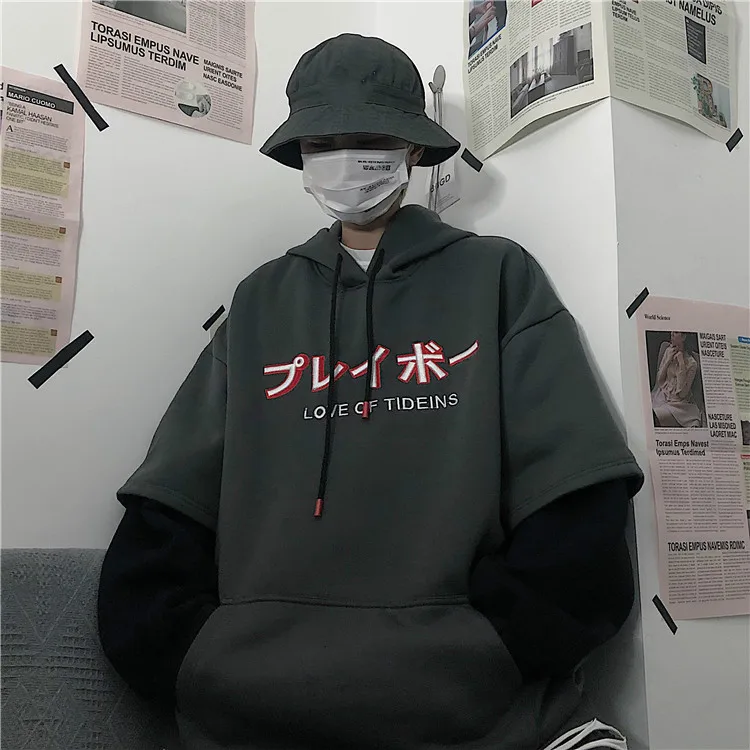 Neploe Heavy Letters Embroidery Hooded Sweatshirt Unisex Fleece Hoodies Autumn Winter Fake Two Pieces Jumper Pullover 55571