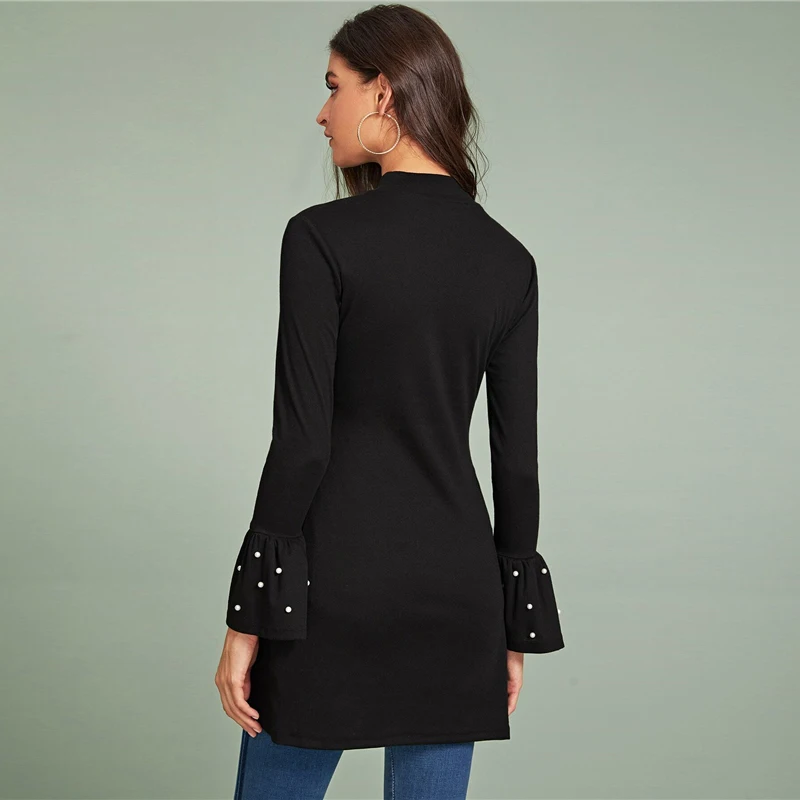 SHEIN черная вышитая бисером футболка с рукавом-воланом и Боковым Разрезом, Женская Весенняя Осенняя футболка с длинным рукавом и стоячим воротником, однотонные длинные элегантные футболки