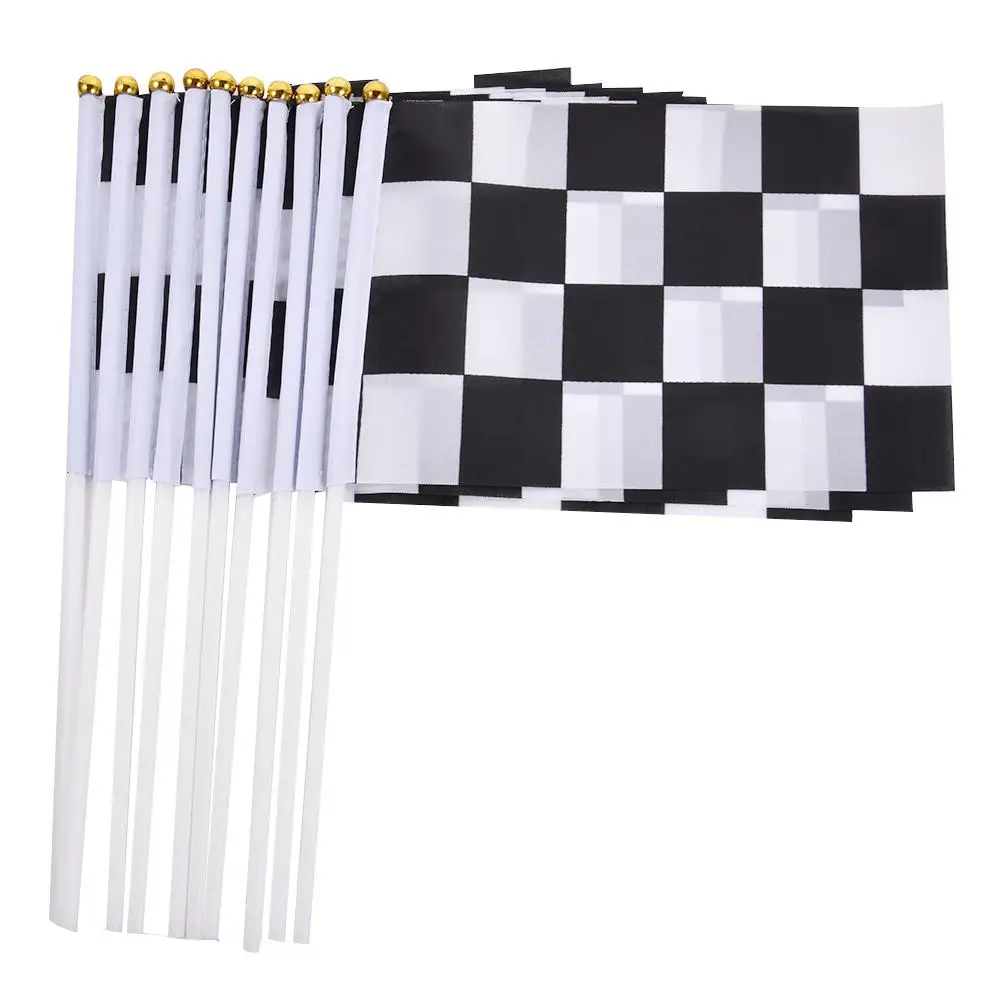 10pcs Checkered Racing Stock Car Flag 14*21cm HandHeld Mini Flag With White Pole Vivid Color And Fade Resistant- Hand Held