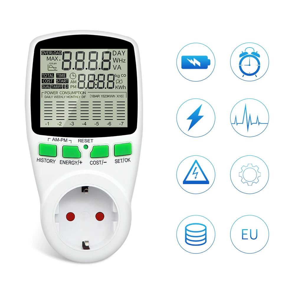 EU Plug Power Meter Digital Wattmeter Socket AC 220V Energy LCD Disply Electricity Cost Diagram Measuring Analyzer | Инструменты