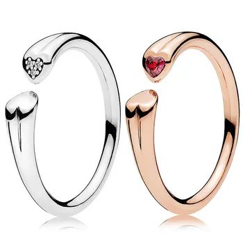 

New 925 Sterling Silver Ring Two Hearts Open Rings With Crystal For Women Wedding Gift Fine Europe Vanlentine's Day Jewelry