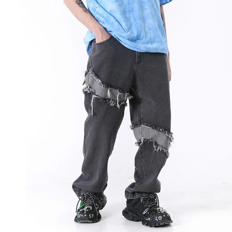 

Men High Street Hip Hop Casual Straight Denim Pant Male Vintage Fashion Splice Cowboy Long Trousers Jeans