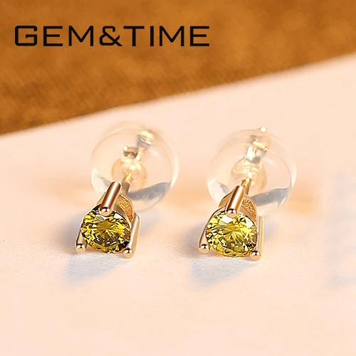 Gem&Time Exquisite Real 14K Gold 3 Prong Green Gemstone Stud Earrings for Women Yellow Gold Earrings Fine Jewelry Gift E14137 - Цвет камня: Зеленый