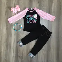 Рождество осень/зима для маленьких девочек розовый я снег милые наряды джинсы брюки одежда с оборками бутик детская одежда подходящие аксессуары