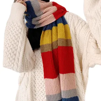 

Womens Knitted Scarf Rainbow Stitching Color Stripes Autumn Winter Warm Shawl