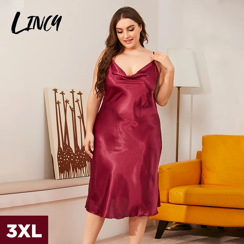 Women Sleepwears Dress Homewear Solid Thin Satin Nightdress Summer Plus Size