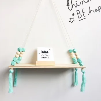 

House Decor Beads Wood Shelves Wall Clapboard With Tassel Children Room Kid Clothing Store Bookshop Display Stand Decor Supplies