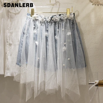 

Women's Mesh Denim Skirt 2020 Summer New Women's Fashion Heavy Industry Beaded Skirt High Waist Denim Skirts Students