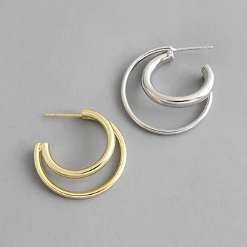 

Double Circle Stud Earrings For Women Real 925 Sterling Silver Simple Geometry Cross Vintage Retro Fine Fashion Jewelry Gift