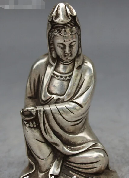 409+Chinese Silver Seat Kwan-yin Guan Yin Gooddess Bodhisattva God Budddha Statue