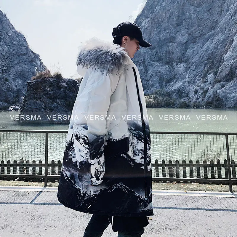 VERSMA, японский стиль Харадзюку, граффити, с капюшоном, стеганая куртка, пальто, Мужская парка, зима, Ретро стиль, хип-хоп, меховой воротник, парные куртки для мужчин