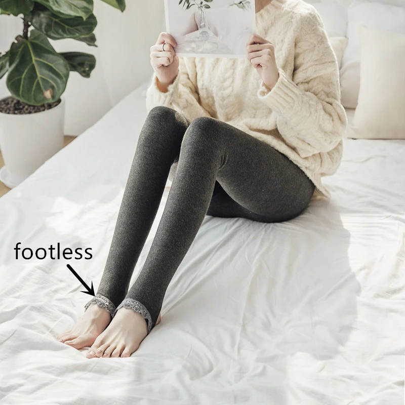 Women Winter Thick Fleece Tights Lace Warm Pantyhose Full Foot Footless Ankle Length Tighs for Girls