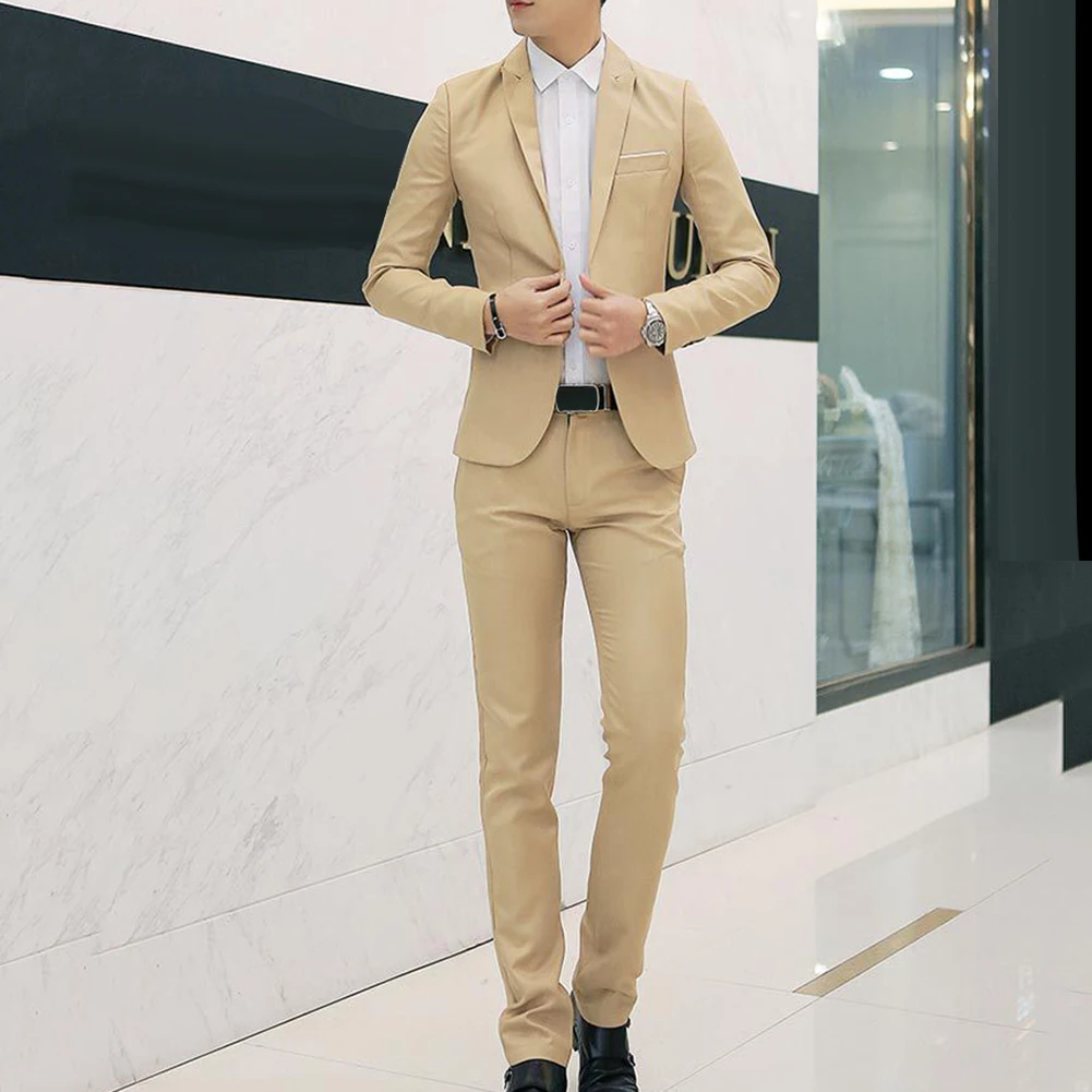 Men Suit 2Pcs Office Business Solid Color Blazer Pants