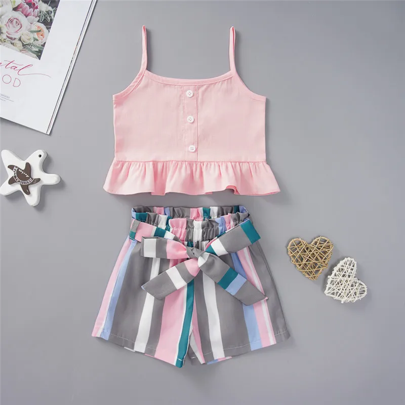 От 1 до 6 лет, летний комплект одежды для девочек, жилет без рукавов с пуговицами для девочек, шорты в полоску, комплекты одежды для девочек, детская одежда, костюмы для младенцев