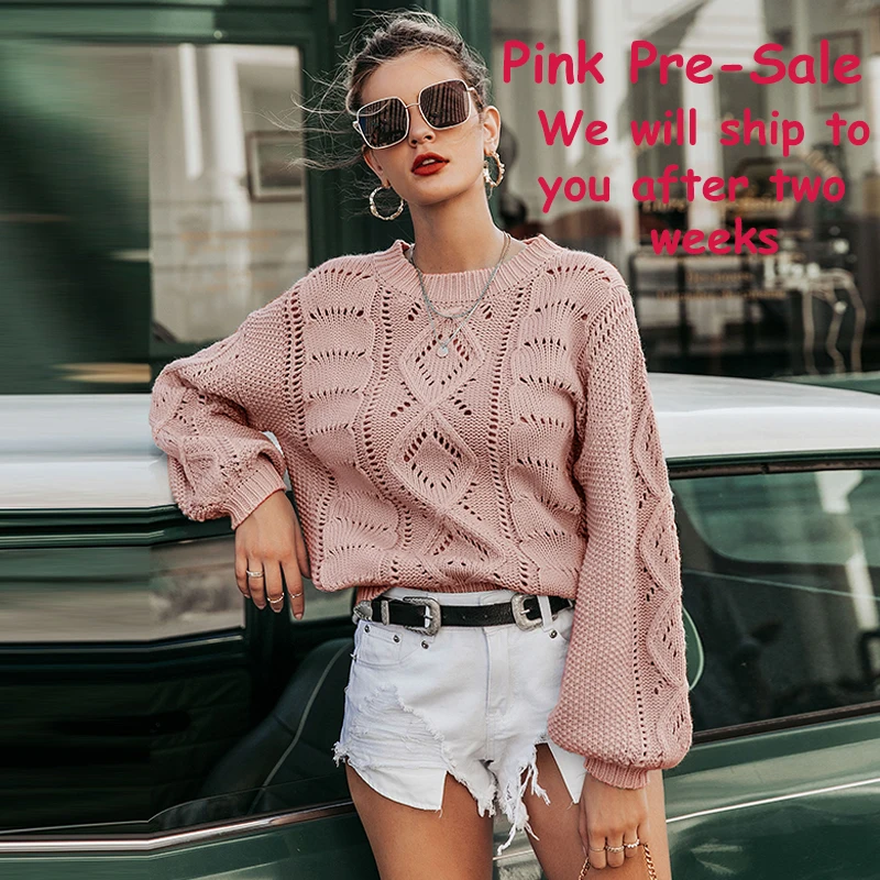 Simplee Autumn winter women knitted sweater Elegant lantern sleeve thick female sweater Hollow out fashion ladies sweater