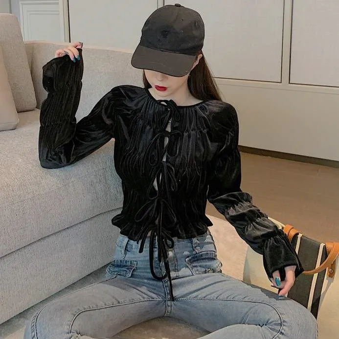 WHITNEY WANG футболка Весенняя мода Уличная Сексуальная Открытая кружевная бархатная футболка с рюшами Женская футболка Женские топы