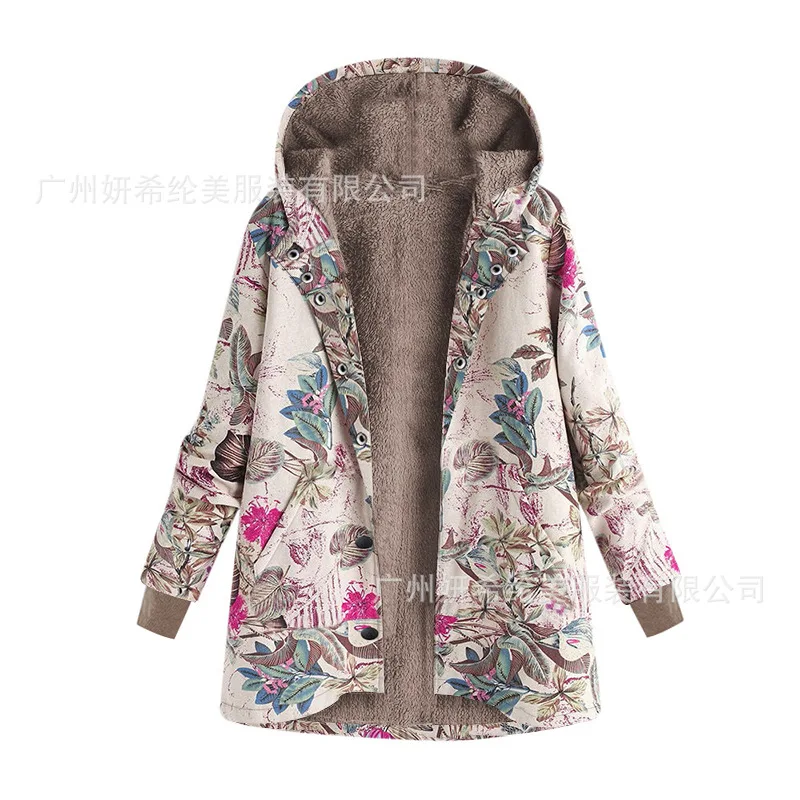 AliExpress стиль хлопок лен печать плюс бархат с капюшоном однобортное Женское пальто