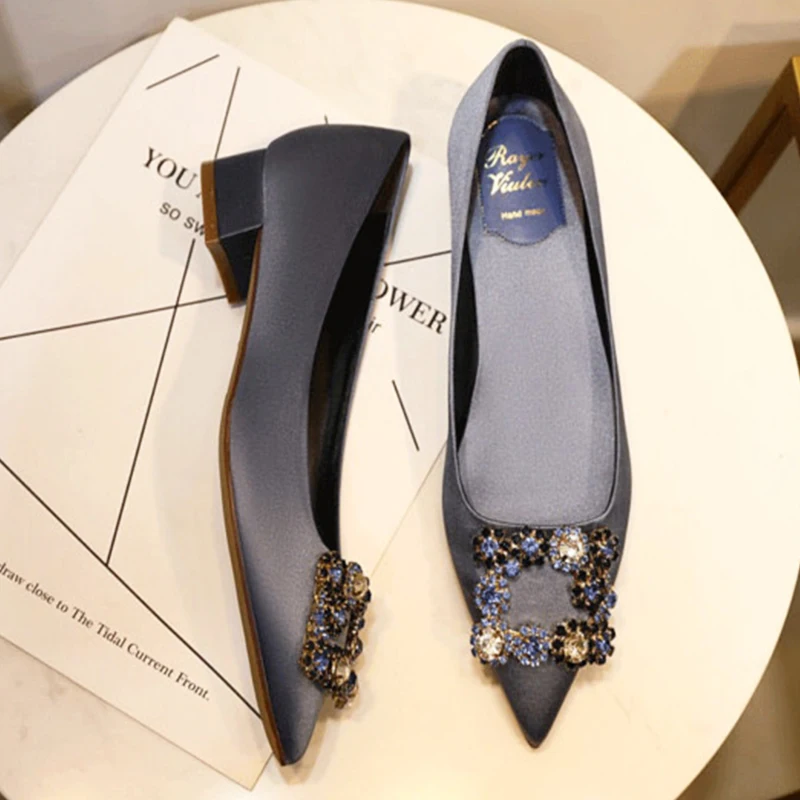 

Size 34-40 Women Silk Shoes 3CM High Heels Ladies Dress Work Shoes Slip On Pumps Woman Square Heels Wedding Shoes