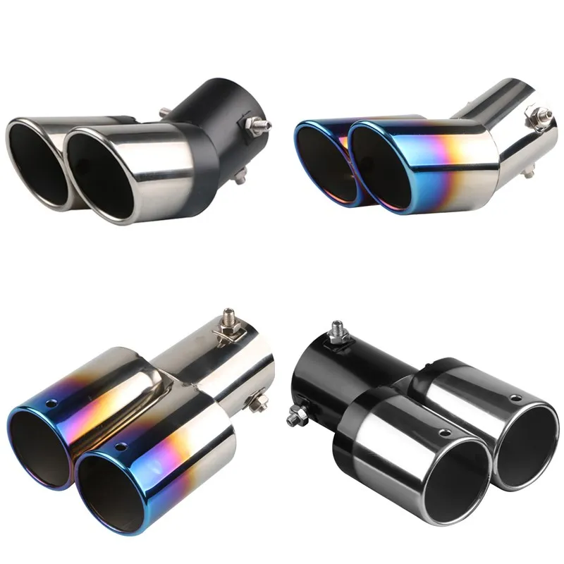 Punta de escape de coche de doble salida, silenciador automático de borde inclinado de acero inoxidable, silenciador Universal negro + suministros de Exterior de coche plateado