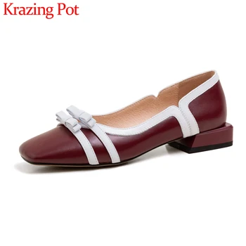 

Krazing pot Korean design mixed color genuine leather square toe low heels shoes women bowtie sweet girls dating women pumps L63