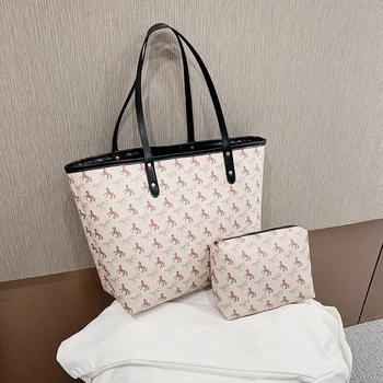 

2pcs Fashion Women Shoulder Bag PU Leather Retro Horse Pattern Large Capacity Handbag Female Shopping Tote Bag Travel Hand Bags