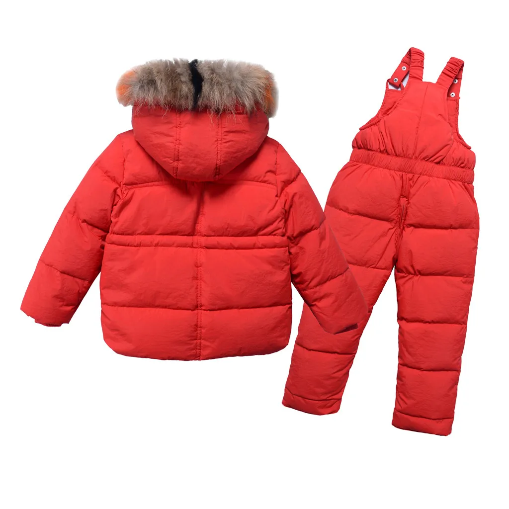 Зимние теплые комплекты одежды для детей, Детский Зимний комбинезон с хлопковым мехом на утином пуху для маленьких девочек, детский лыжный костюм, комплект зимней одежды для мальчиков, пуховики+ штаны