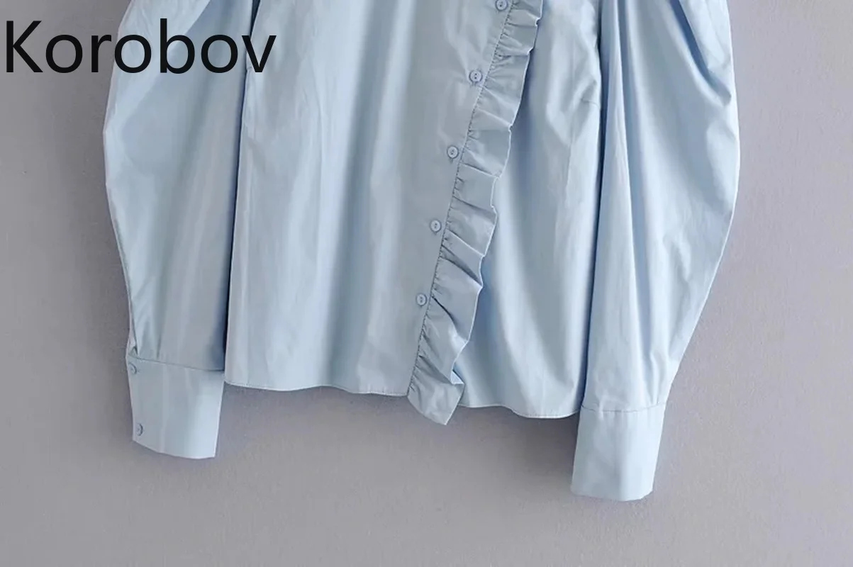 Korobov/Корейская женская блузка с круглым вырезом и оборками в стиле пэчворк