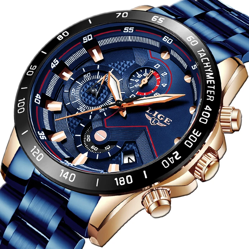 New Mens Watches Lige Top Luxury Brand Business Blue Stainless Steel Quartz Watch Mens Casual-5