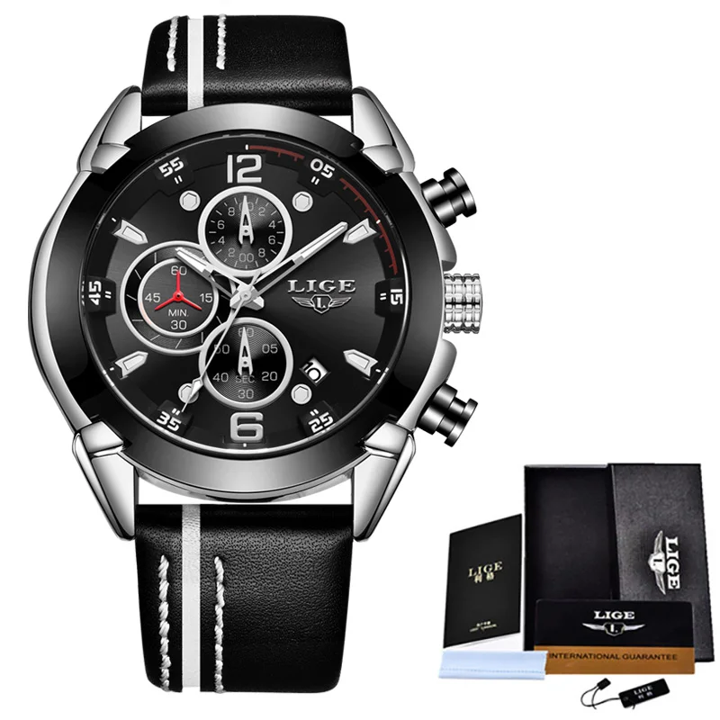silver black Relogio Masculino мужские часы Топ бренд класса люкс LIGE новые модные водонепроницаемые спортивные кварцевые часы мужские с синим кожаным хронографом - Цвет: silver black