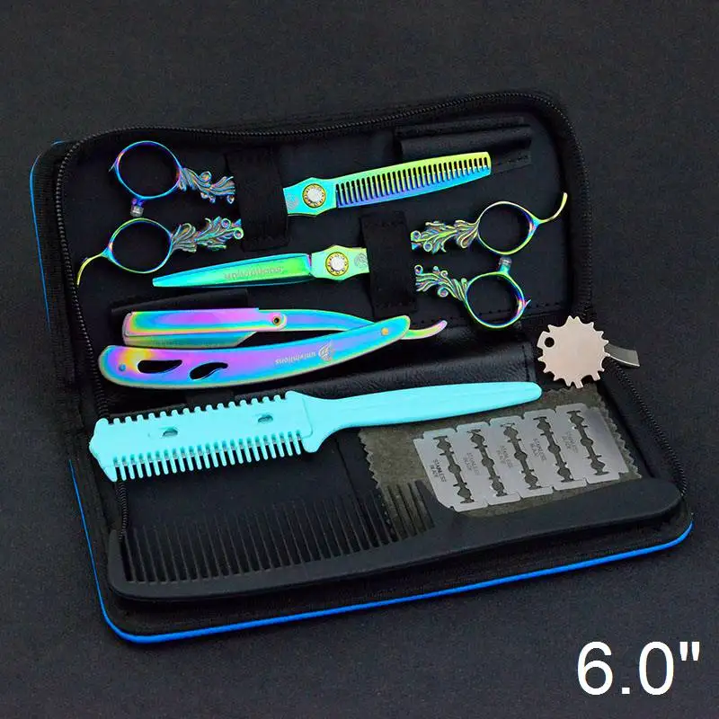 6 дюймов univinlions Rainbow 440C Профессиональные Парикмахерские ножницы Парикмахерские стрижки Парикмахерские ножницы японские ножницы для стрижки волос - Цвет: 6055-Kit Razor