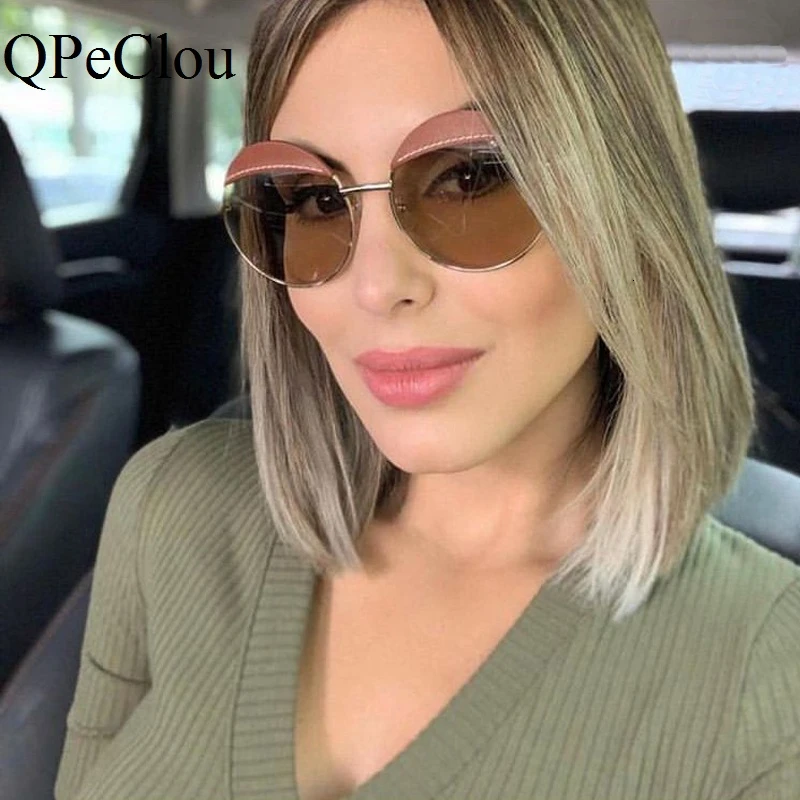 QPeClou роскошные кожаные круглые солнцезащитные очки для женщин, модные новые металлические солнцезащитные очки для мужчин, винтажные серые солнцезащитные очки UV400