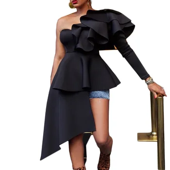 

2019 Autumn Fashion Slanted Shoulder Ruffled Shirts Irregular Shoulder Long Sleeves Slim Blouse Tops Blusas Mujer 2019