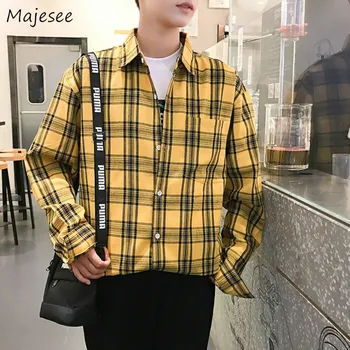 

Shirt Men Long Sleeve Plaid Harajuku Clothes Japanese Streetwear Hot Sale Vintage Mens Shirts All Match Simple Plus Size Soft
