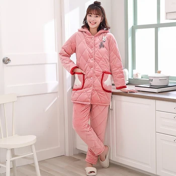 

Autumn Winter Thick Warm Women Hooded Pajamas Set Long Sleeve Female Clip Cotton Pyjamas Cartoon Cute Casual Soft Homewear