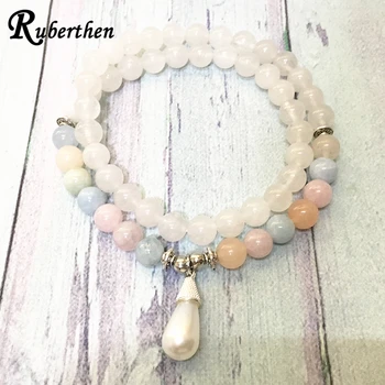 

Ruberthen New Design White Jades 54 Mala Pearl Charm Bracelet A Grade Morganite Women`s Energy Bracelet Best Practice Jewelry