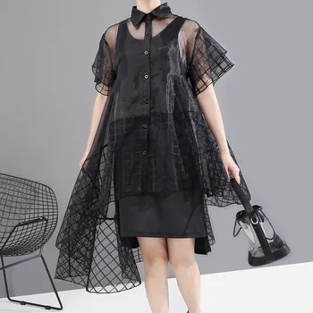 

Ladies Street Style Summer Black Irregular Mesh Plaid Dress Women Turn Down Collar Short Sleeve Midi Dress Big Size Fashion Tide