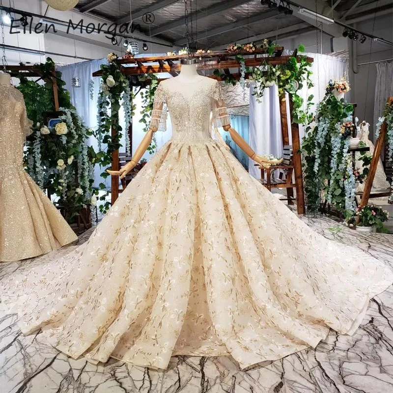 Color as picture Saudi Arabian Роскошные кружевные свадебные платья Бальные платья с открытой спиной с рукавом до локтя вырез лодочкой бисер шлейф Vestidos De Novia - Цвет: Color as picture