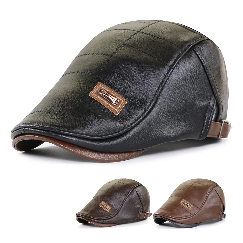 Newsboy Cap Men Faux Leather Duckbill Beret Winter Autumn Warm Flat Caps Vintage Gatsby Hats,mens newsboy cap