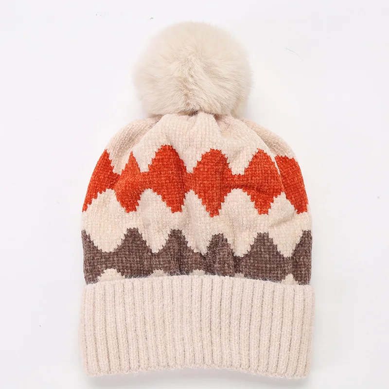 Мягкая шапка с волнистым узором, шапка с помпоном, теплые шапки для женщин, женские зимние шапочки, утолщенные муты, рождественский подарок, капот, Femme - Цвет: beige