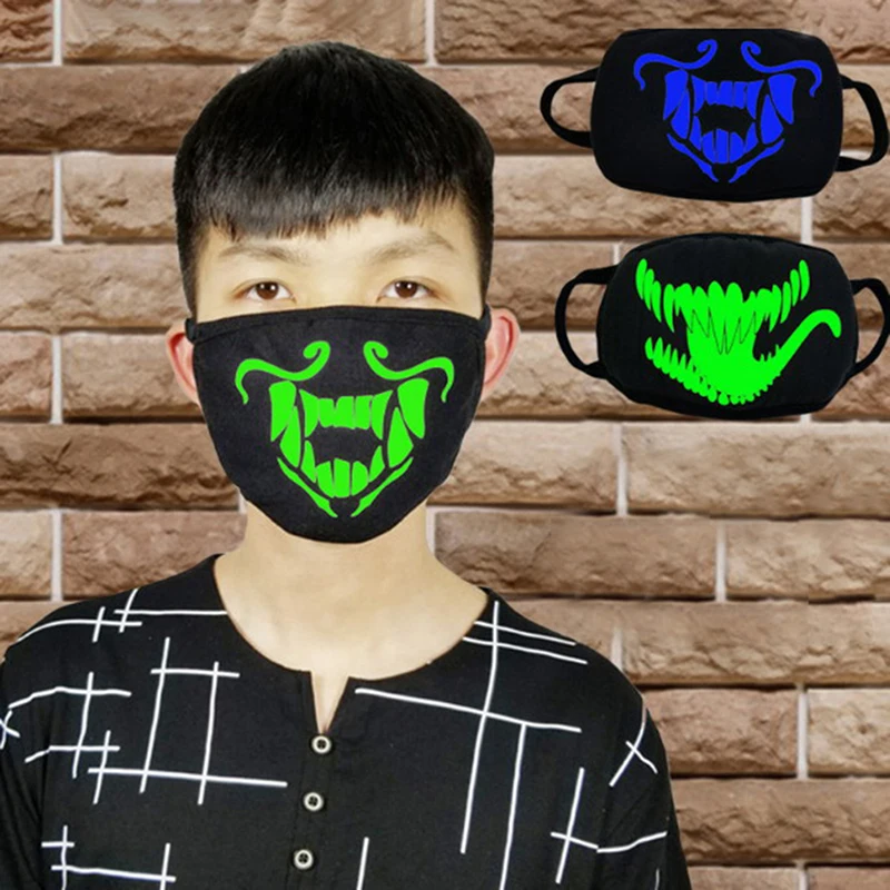 1PC Luminous Face Mouth Mask Noctilucent Anime Tooth Anti-dust Pollution Masks Cotton Fabric 3 Styles