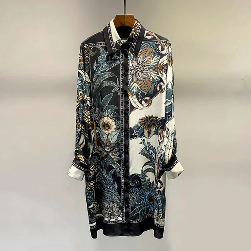 

High Quality Twill Silk Shirt Dress 2020 Spring New Luxury Runway Fashion Long Sleeve Leaf Print Designer Dresses
